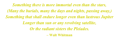 Something there is more immortal even than the stars,
(Many the burials, many the days and nights, passing away,)
Something that shall endure longer even than lustrous Jupiter
Longer than sun or any revolving satellite,
Or the radiant sisters the Pleiades.
– Walt Whitman